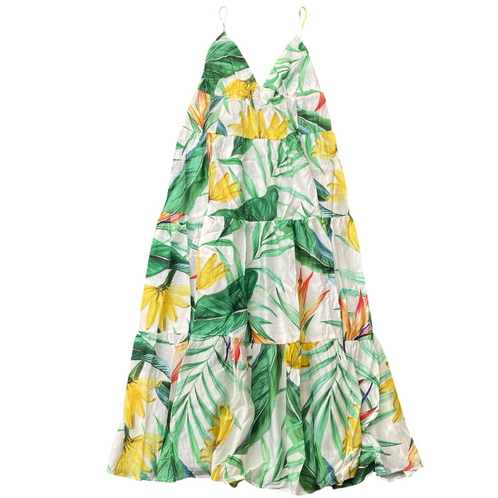 Tropical Tiered Maxi Sundress Size M Green Yellow Floral Resort Vacation Coastal - Picture 2 of 5